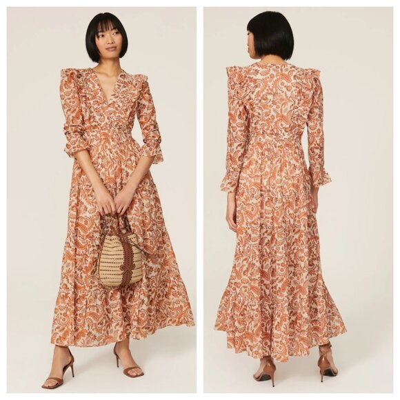 maje Ruflina Paisley Tiered Long Sleeve Cotton Dress in Orange